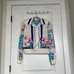 Floral Print Bomber Jacket - Blue and Pink